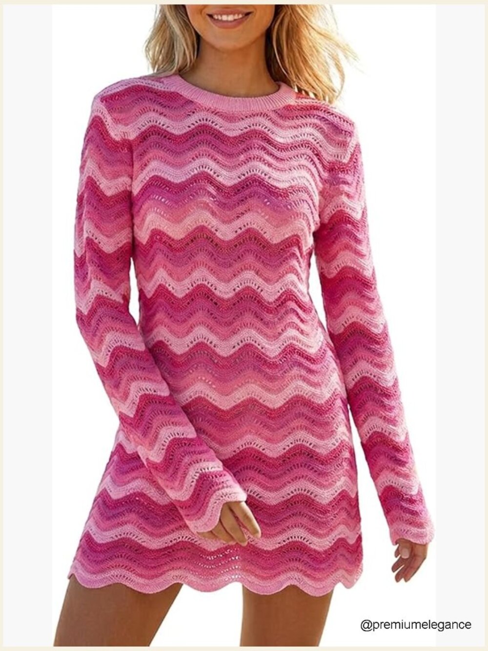Crochet Colorful Mesh Long Sleeve Cover Up Mini Dress Beach Knit